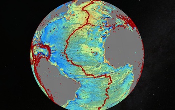 map of the gravity model of the N. Atlantic with red dots showing earthquakes.